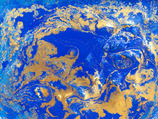 Obraz na płótnie Canvas Blue and golden liquid texture, watercolor hand drawn marbling illustration, abstract background