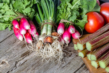 Fresh vegetable bunches, garden produce, healthy vegetarian food concept