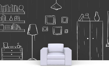 White soft chair in room with hand drawn painted on black wall picture frames, bookcase, lamp, cupboard, shelves, books, vase. Front view. 3D render.