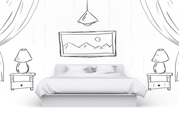 White bed in room with hand drawn painted on white wall big picture frames, lamp, cupboard. Front view. 3D render.