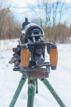 closeup of the back of a Russian machine gun.