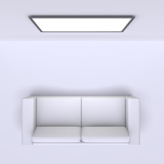 Sofa and TV on wall in corner of room. Top view. 3d render.