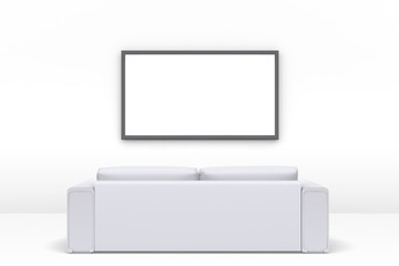Sofa and TV on wall in corner of room. Front view. 3d render.