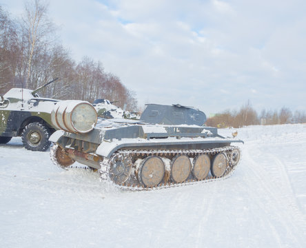 winter German tank leaves the road.