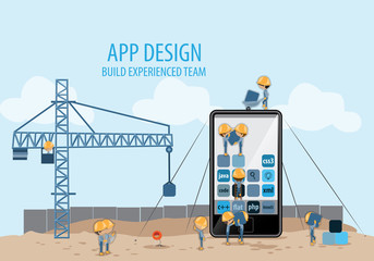 Mobile Application Development,Experienced Team-Vector Illustration,Graphic Design.Crane lifting building blocks.For Web Site,Poster,Presentation Templates,Ui.Creative Collaboration,Teamwork Concept
