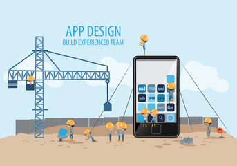 Mobile Application Development,Experienced Team-Vector Illustration,Graphic Design.Crane lifting building blocks.For Web Site,Poster,Presentation Templates,Ui.Creative Collaboration,Teamwork Concept