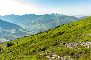 Green mountain landscape in Austria captured with a panoramic view