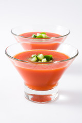 Traditional Spanish cold gazpacho soup isolated on white background
