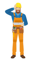 Worker holding digital tablet PC and grabbed his head