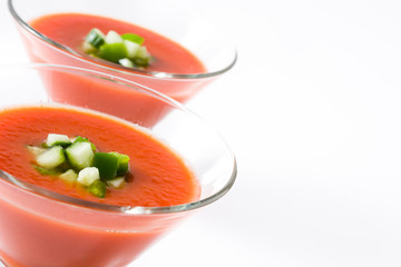 Traditional Spanish cold gazpacho soup isolated on white background
