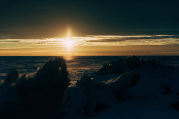 winter landscape - sunset in the snow field © cmirnovalexander