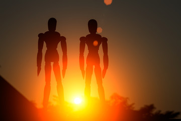 two wood robot in morning sun
