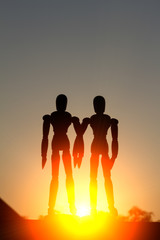 Two wooden robots in the morning sun. emotion in Love .