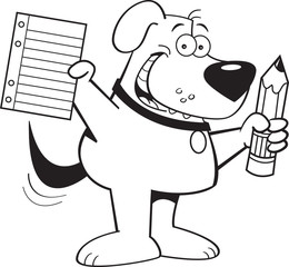 Black and white illustration of a dog holding a paper and pencil.