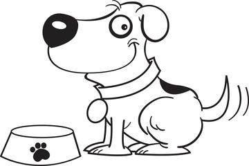 Black and white illustration of a dog with a dog dish.