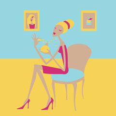 Illustration of young woman sitting on the chair using perfume. Room illustration with woman and perfume. Evening time.