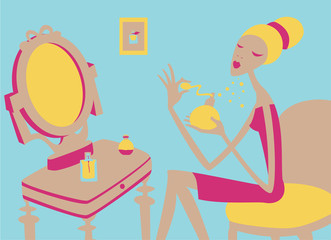 Illustration of young woman sitting on the chair using perfume. Room illustration with woman and vanity table. Evening time.
