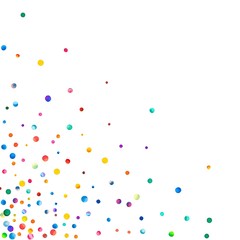 Dense watercolor confetti on white background. Rainbow colored watercolor confetti scattered bottom left corner. Colorful hand painted illustration.