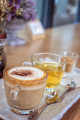 Cappuccino coffee cup and tea,Hot coffee in white mug,hot tea