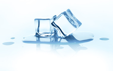 Melting ice cubes with reflection isolated on white.