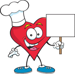 Fototapeta premium Cartoon illustration of a heart wearing a chef's hat and holding a sign.