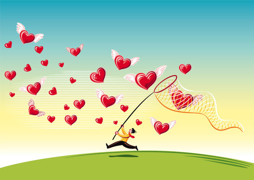 Man with a butterfly net, chasing and trying to capture the hearts.