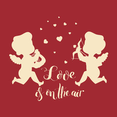 Cupids silhouettes. One with harp. Second has bow and arrow and
