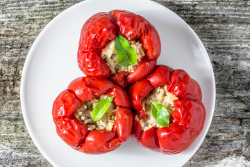 Delicious baked paprika stuffed with meat and rice, cooking recipe