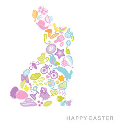 An abstract bunny rabbit with Easter icons on an isolated white background