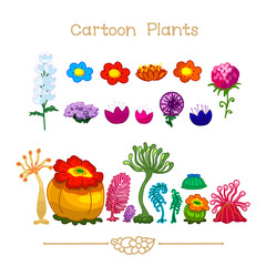 
Plantae series cartoon plants: zoophytes and flowers set