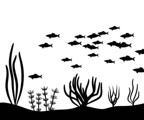 Obraz premium Seaweed at the bottom of the sea and school fish vector silhouette
