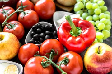 Fototapeta premium Healthy breakfast ingredients of vegetarian food, fruits and vegetables