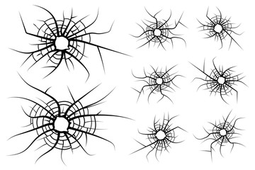 Set bullet holes cobwebs on the glass, target shooting, isolated vector illustration