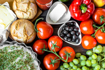 Healthy breakfast ingredients of vegetarian food, fruits and vegetables