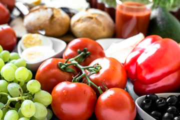 Healthy breakfast ingredients of vegetarian food, fruits and vegetables