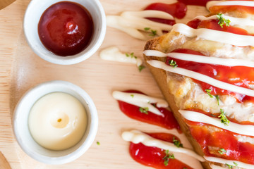 closeup fresh homemade tuna toast slice baked bread with tomato pizza sauce