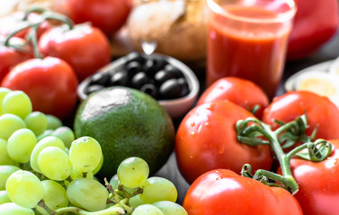 Healthy breakfast ingredients of vegetarian food, fruits and vegetables