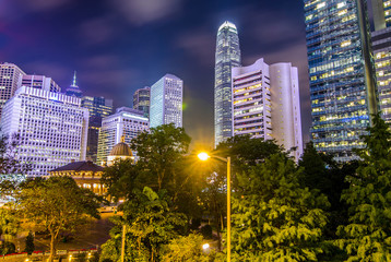 Details of business buildings at night in Hong Kong