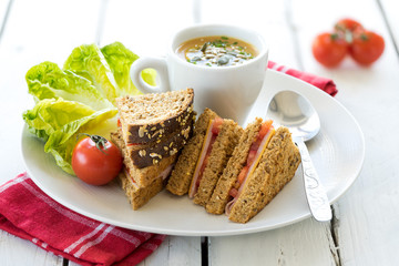 lunch dinner plate fresh cut sandwich ham cheese cup bowl vegetable creamy soup garnish seeds