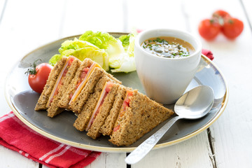 lunch dinner plate fresh cut sandwich ham cheese cup bowl vegetable creamy soup garnish seeds