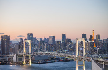 Rainbow bridge sunset with tokyo tower  