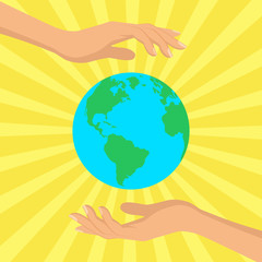 Human hands holding floating globe in space. Flat style vector