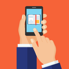 Hand holding smartphone with a book on the screen, finger touches screen.