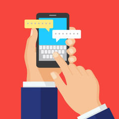 Hand with smartphone and chatting bubble speeches.Finger prints a message.