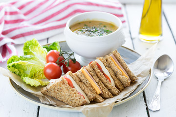 lunch dinner plate fresh cut sandwich ham cheese cup bowl vegetable creamy soup garnish seeds