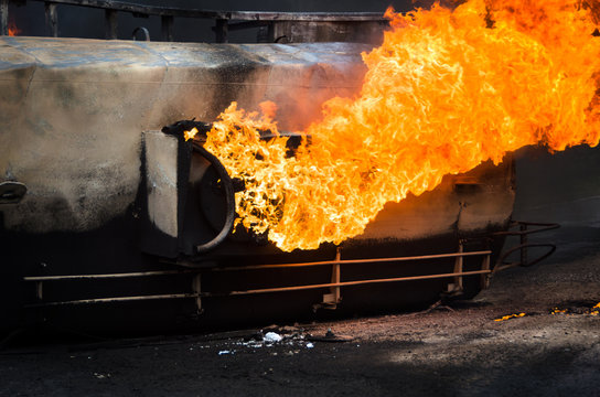 Burning gas tank car road accident