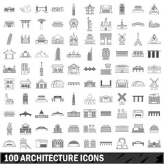 100 architecture icons set, outline style