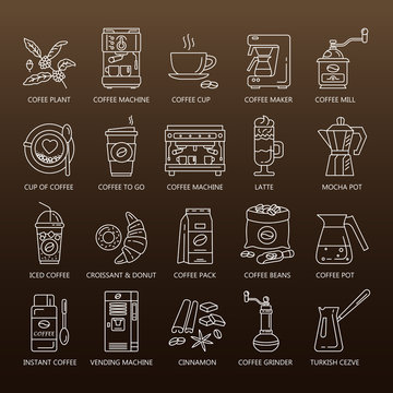 Vector line icons of coffeemaking equipment. Coffee set.