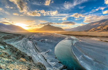 panorama of the valley and the Nubra River at sunset (India, Ladakh, Nubra Valley, Jammu and Kashmir)