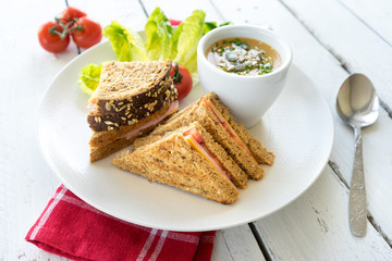 lunch dinner plate fresh cut sandwich ham cheese cup bowl vegetable creamy soup garnish seeds